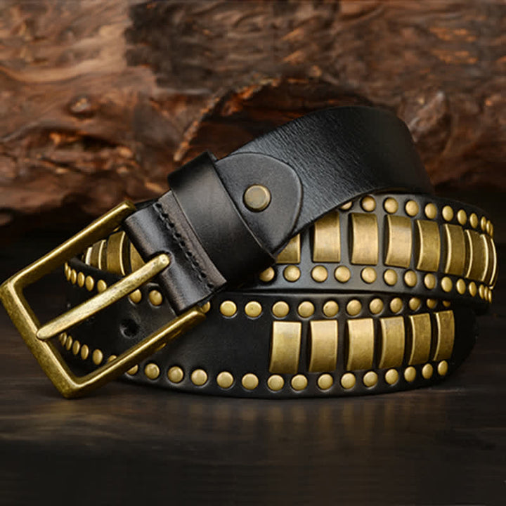 Cinturón de cuero con remaches cuadrados redondos y dorados antiguos para hombre