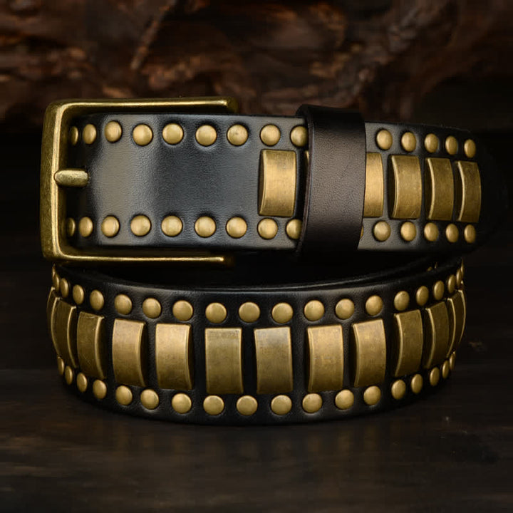 Cinturón de cuero con remaches cuadrados redondos y dorados antiguos para hombre