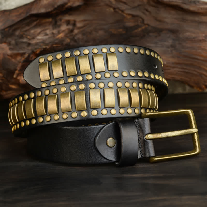 Cinturón de cuero con remaches cuadrados redondos y dorados antiguos para hombre