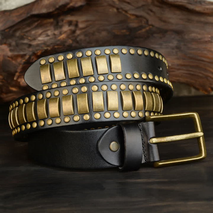 Cinturón de cuero con remaches cuadrados redondos y dorados antiguos para hombre