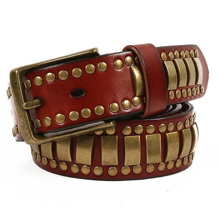 Cinturón de cuero con remaches cuadrados redondos y dorados antiguos para hombre