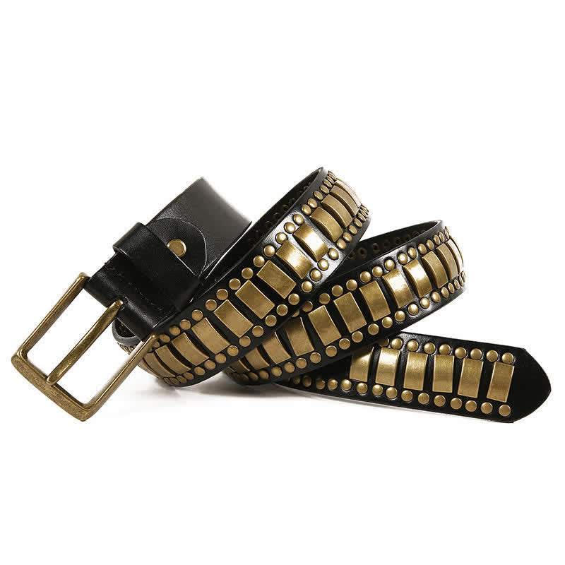 Cinturón de cuero con remaches cuadrados redondos y dorados antiguos para hombre