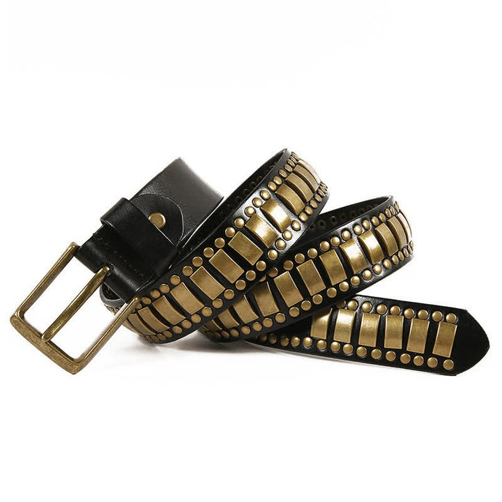 Cinturón de cuero con remaches cuadrados redondos y dorados antiguos para hombre