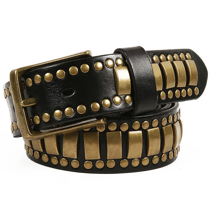 Cinturón de cuero con remaches cuadrados redondos y dorados antiguos para hombre
