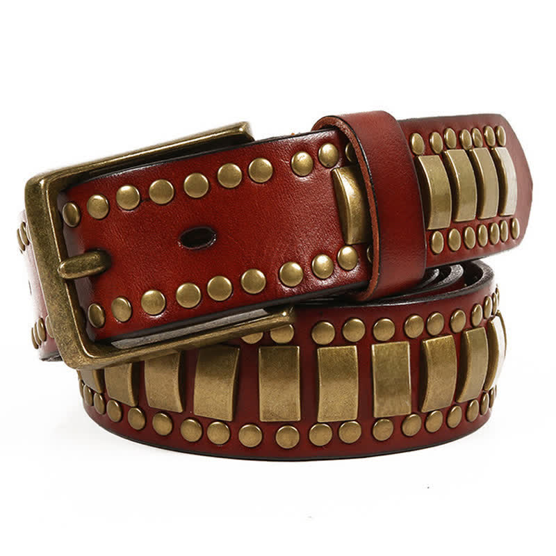 Cinturón de cuero con remaches cuadrados redondos y dorados antiguos para hombre