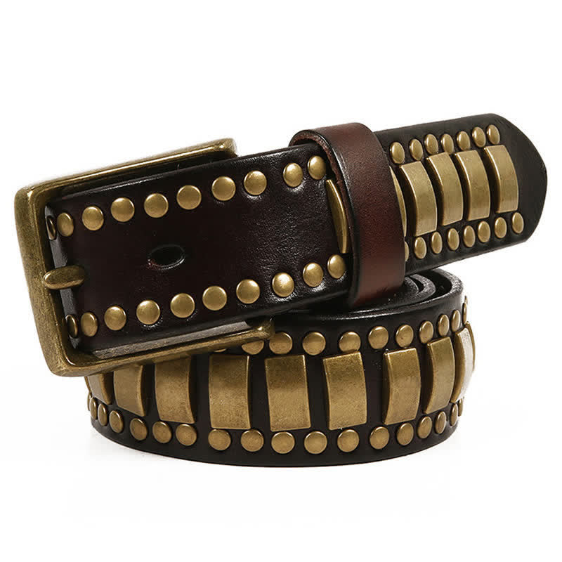 Cinturón de cuero con remaches cuadrados redondos y dorados antiguos para hombre
