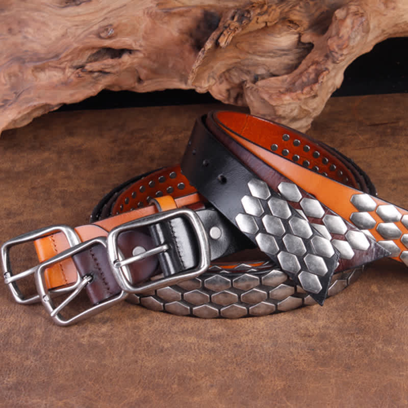 Cinturón de cuero con remaches en escamas de pescado estilo punk para hombre