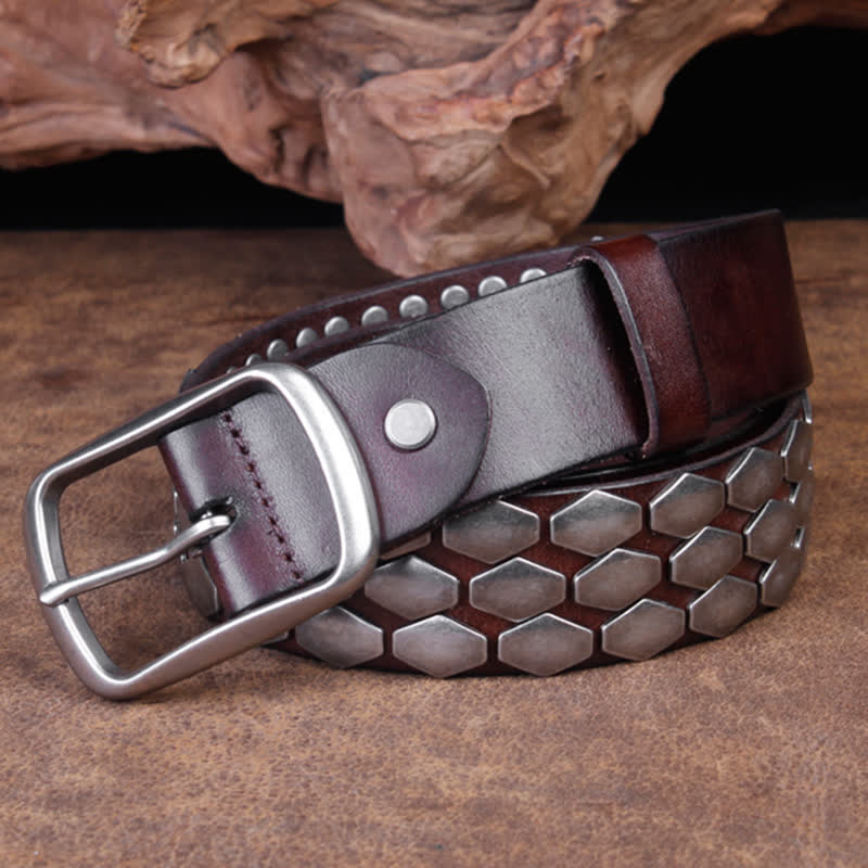 Cinturón de cuero con remaches en escamas de pescado estilo punk para hombre