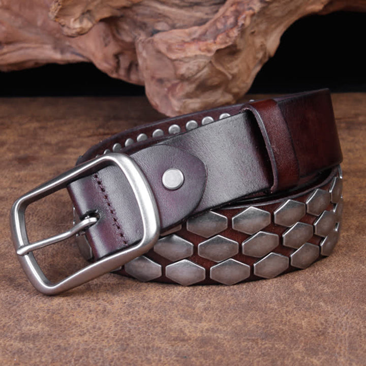 Cinturón de cuero con remaches en escamas de pescado estilo punk para hombre