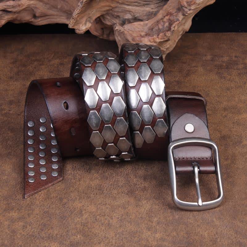 Cinturón de cuero con remaches en escamas de pescado estilo punk para hombre