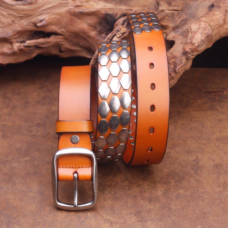 Cinturón de cuero con remaches en escamas de pescado estilo punk para hombre