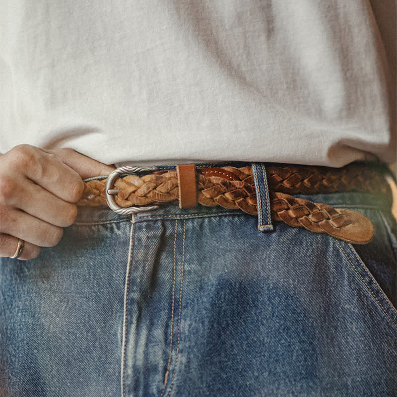 Cinturón vintage de cuero curtido tejido vegetal para hombre
