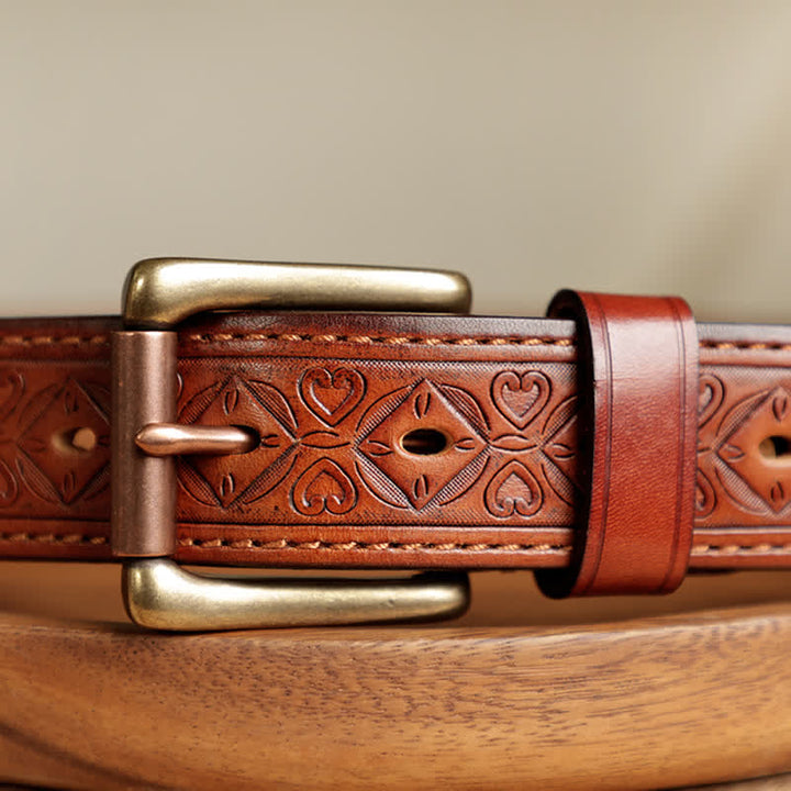 Cinturón de cuero grabado con hojas y flores en relieve para hombre