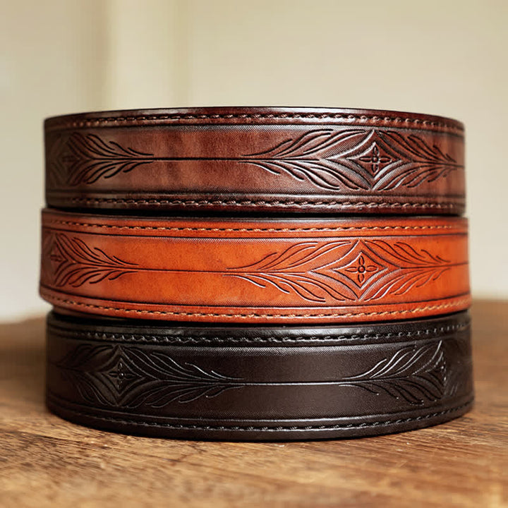 Cinturón de cuero grabado con hojas y flores en relieve para hombre