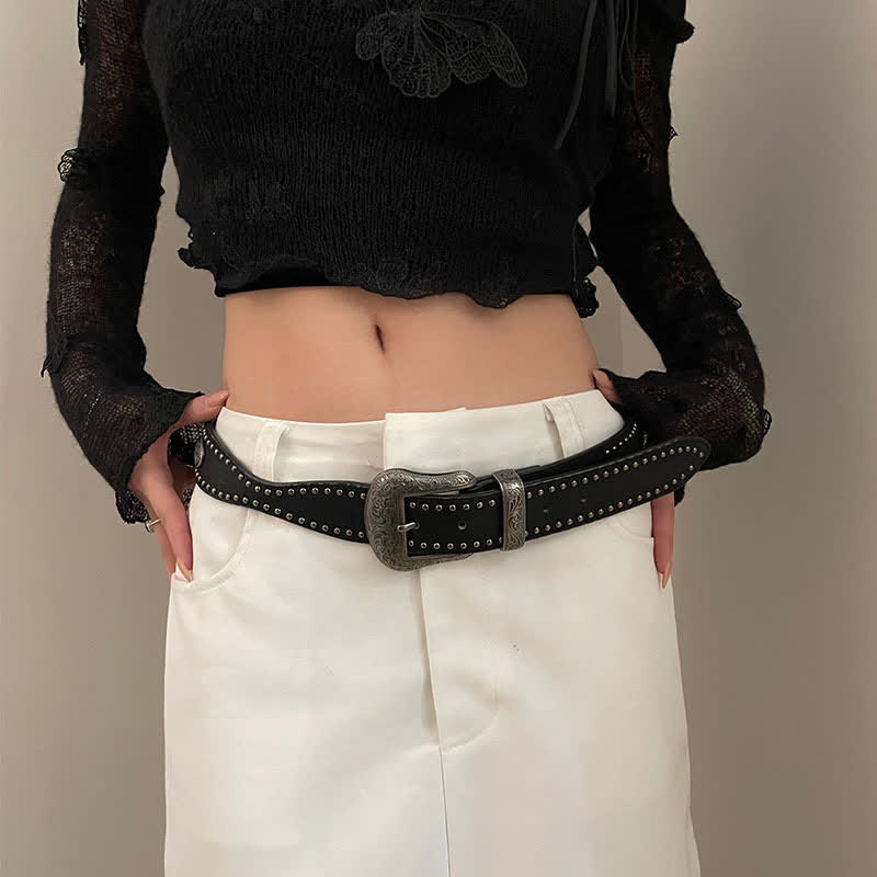 Cinturón de cuero con remaches negros Advanced Chic para mujer