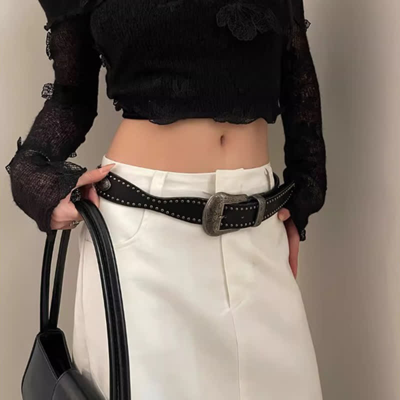 Cinturón de cuero con remaches negros Advanced Chic para mujer