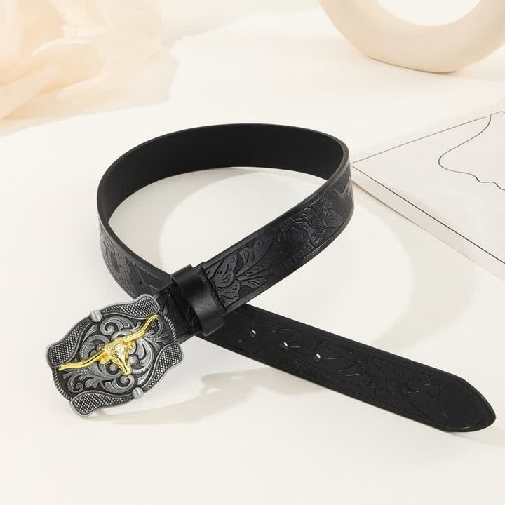 Cinturón de cuero de toro longhorn dorado cuadrado para hombre