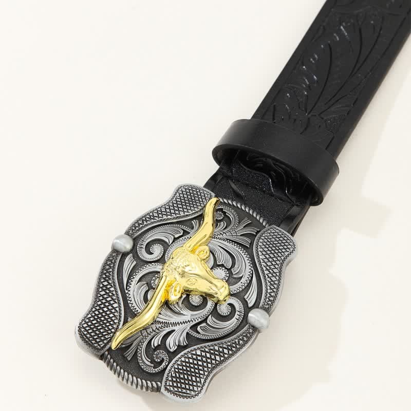 Cinturón de cuero de toro longhorn dorado cuadrado para hombre