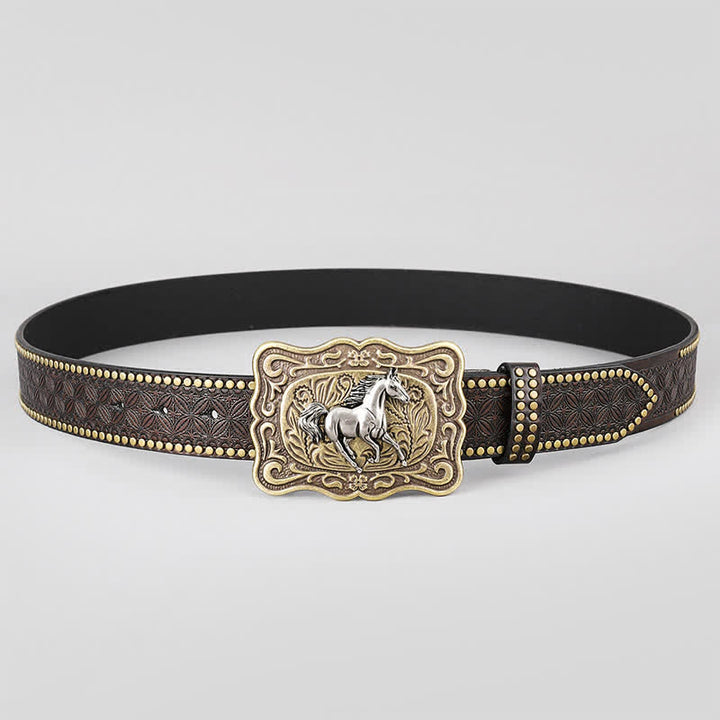 Cinturón de cuero marrón oscuro con remaches de Running Horse