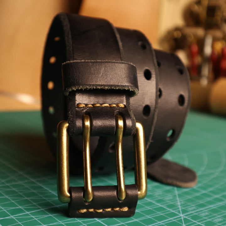 Cinturón de cuero para jeans informal con hebilla de doble aguja para hombre