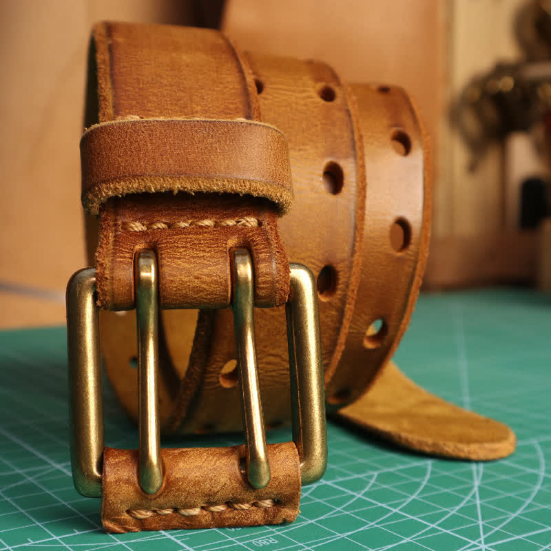 Cinturón de cuero para jeans informal con hebilla de doble aguja para hombre