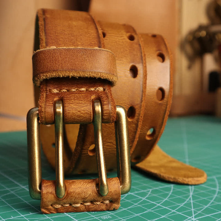 Cinturón de cuero para jeans informal con hebilla de doble aguja para hombre