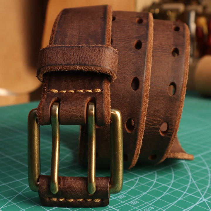 Cinturón de cuero para jeans informal con hebilla de doble aguja para hombre