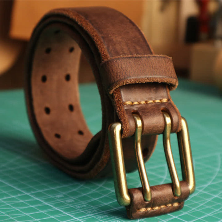 Cinturón de cuero para jeans informal con hebilla de doble aguja para hombre