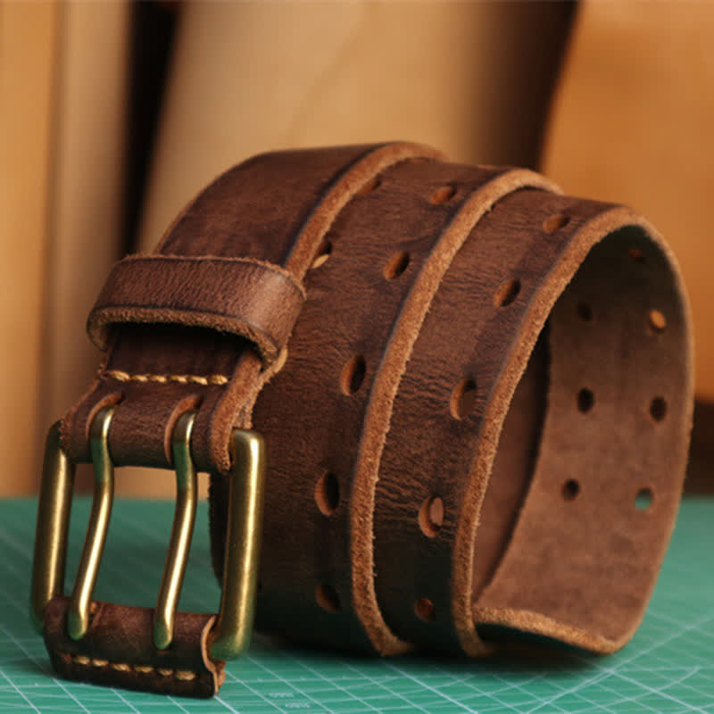 Cinturón de cuero para jeans informal con hebilla de doble aguja para hombre