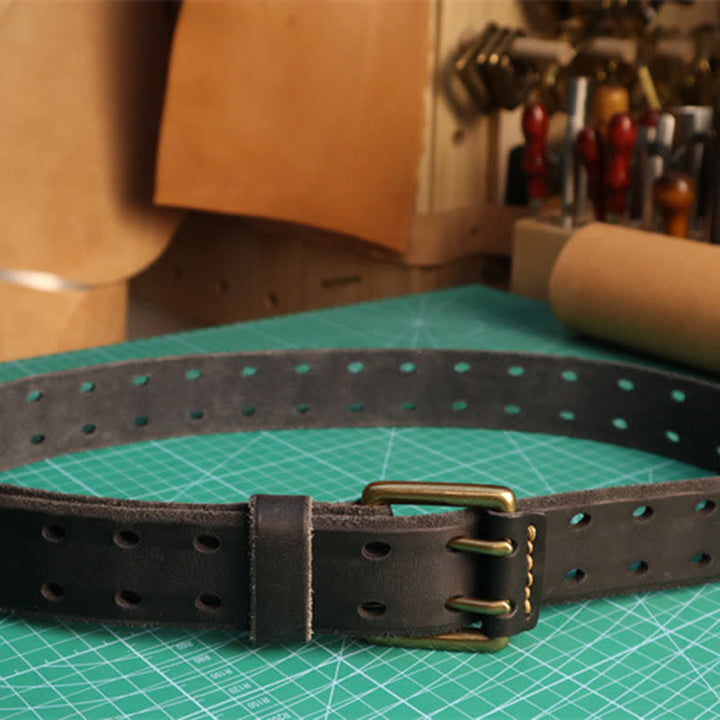 Cinturón de cuero para jeans informal con hebilla de doble aguja para hombre