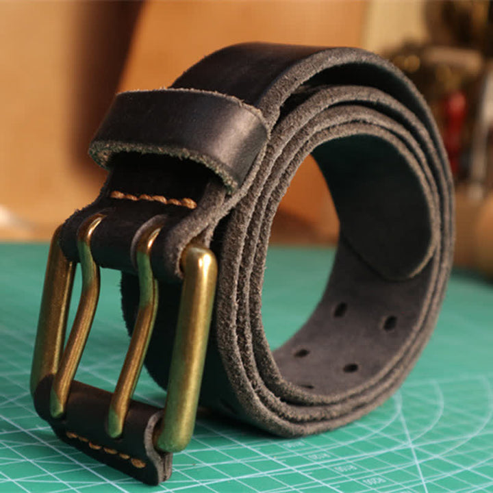 Cinturón de cuero para jeans informal con hebilla de doble aguja para hombre