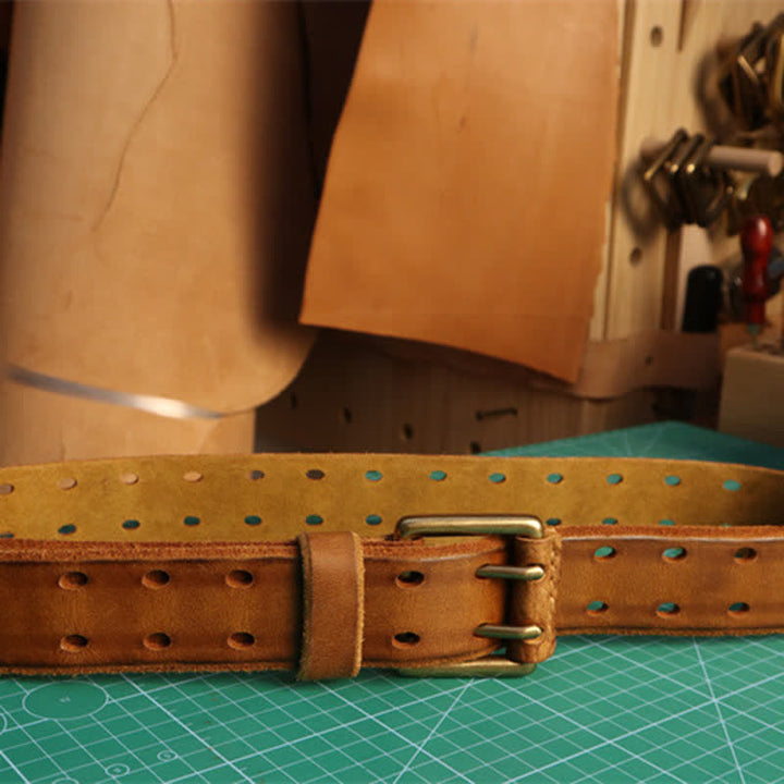 Cinturón de cuero para jeans informal con hebilla de doble aguja para hombre