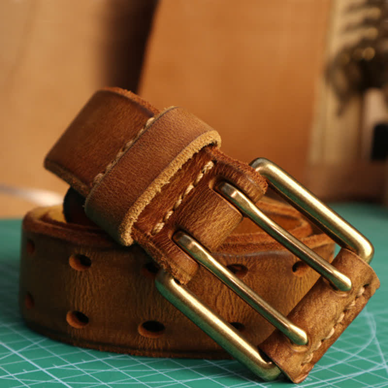 Cinturón de cuero para jeans informal con hebilla de doble aguja para hombre
