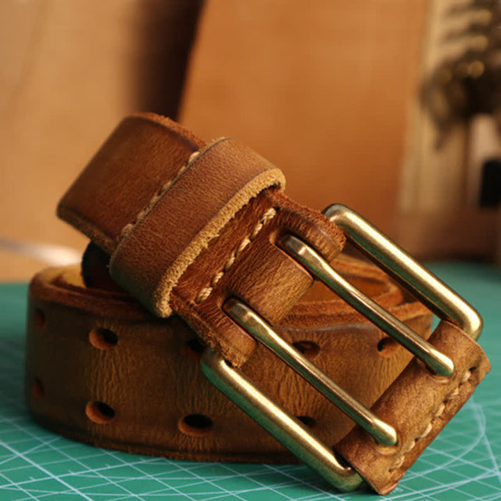 Cinturón de cuero para jeans informal con hebilla de doble aguja para hombre