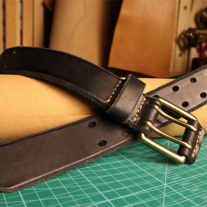 Cinturón de cuero para jeans informal con hebilla de doble aguja para hombre