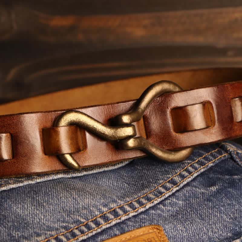Cinturón de cuero de caballería con hebilla de gancho retro resistente para hombre