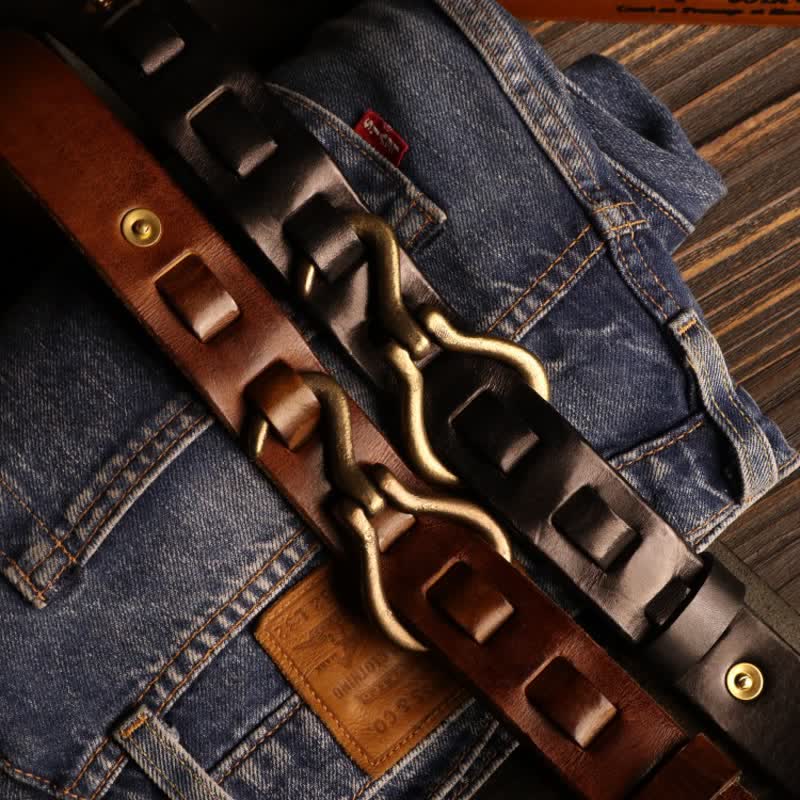 Cinturón de cuero de caballería con hebilla de gancho retro resistente para hombre