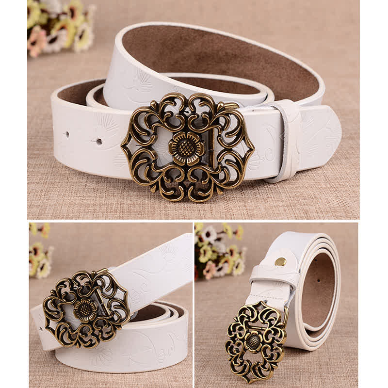 Cinturón de piel con estampado retro de girasol hueco para mujer