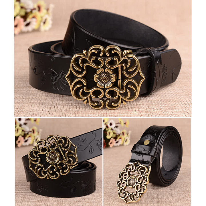 Cinturón de piel con estampado retro de girasol hueco para mujer