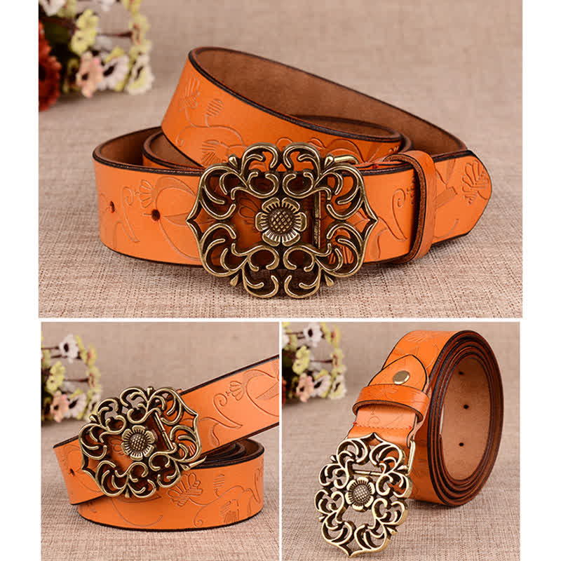 Cinturón de piel con estampado retro de girasol hueco para mujer