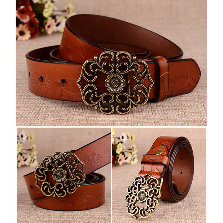 Cinturón de piel con estampado retro de girasol hueco para mujer