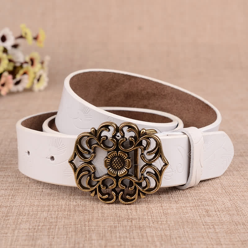 Cinturón de piel con estampado retro de girasol hueco para mujer