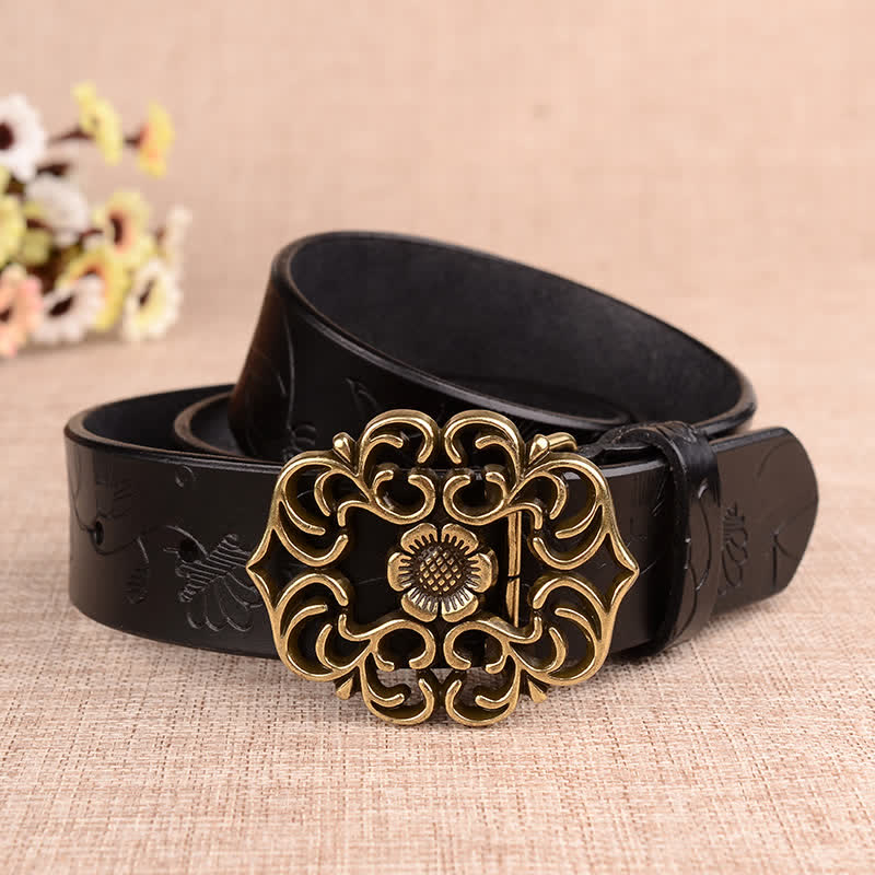 Cinturón de piel con estampado retro de girasol hueco para mujer