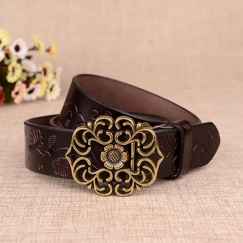 Cinturón de piel con estampado retro de girasol hueco para mujer