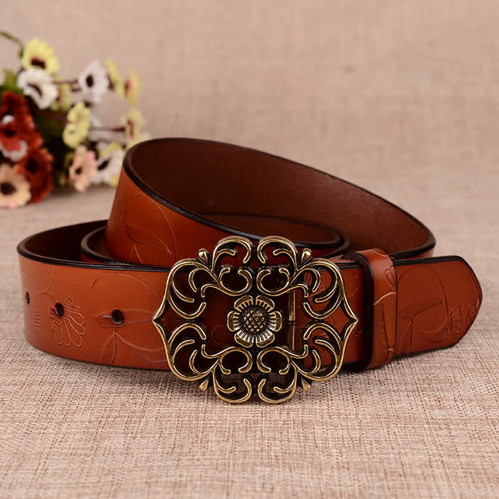 Cinturón de piel con estampado retro de girasol hueco para mujer