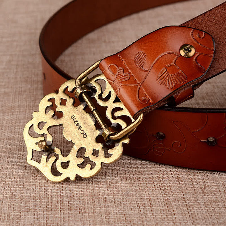 Cinturón de piel con estampado retro de girasol hueco para mujer