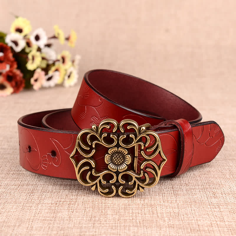 Cinturón de piel con estampado retro de girasol hueco para mujer