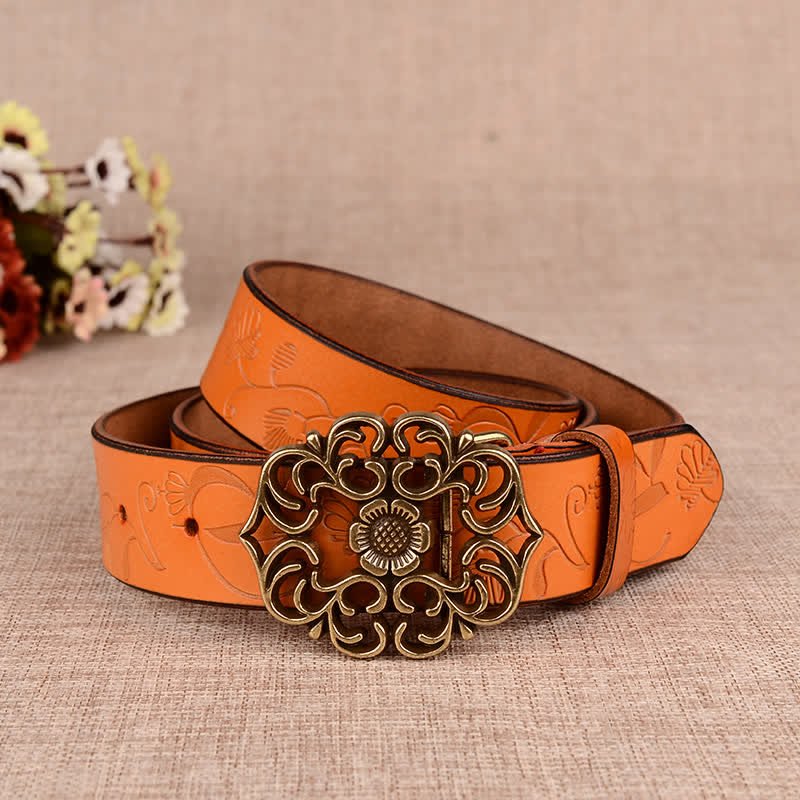 Cinturón de piel con estampado retro de girasol hueco para mujer
