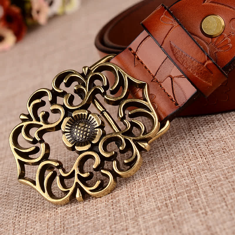 Cinturón de piel con estampado retro de girasol hueco para mujer