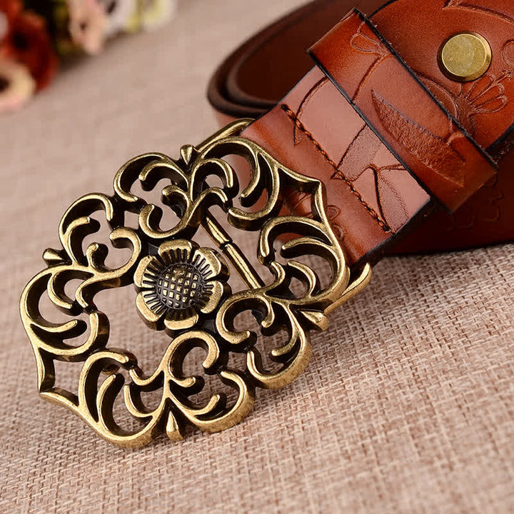 Cinturón de piel con estampado retro de girasol hueco para mujer